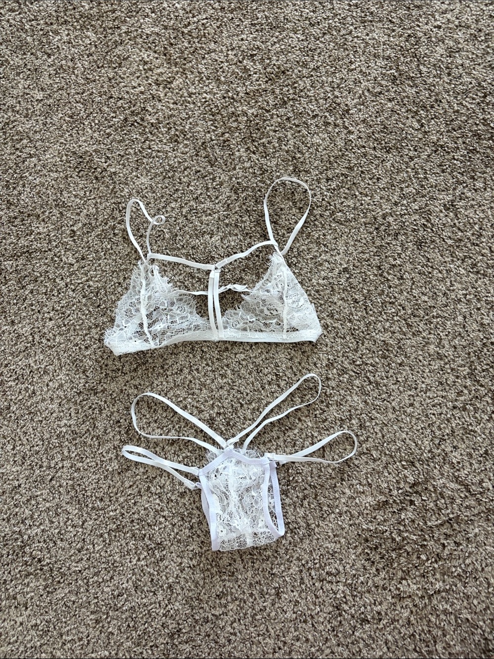 Sheer White Lace Bralette and Strappy Thong Set